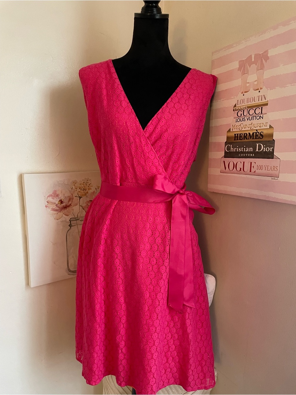 Lane Bryant Hot Pink Lace Wrap Dress with Satin Ribbon